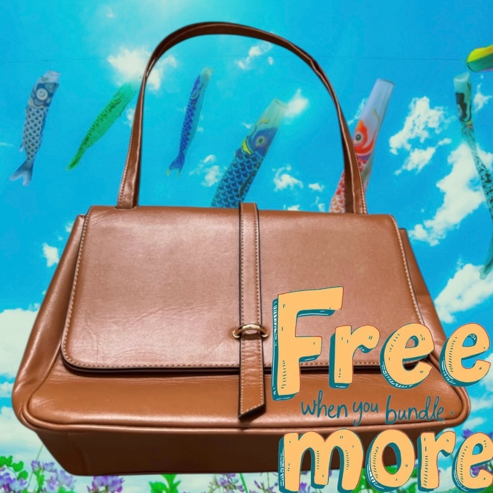 Free ✅Elegant Tan Satchel with Smooth Vegan Leather and Flap Closure